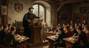Professor do século XVI ensina estudantes que fazem anotações com penas em uma sala de aula histórica